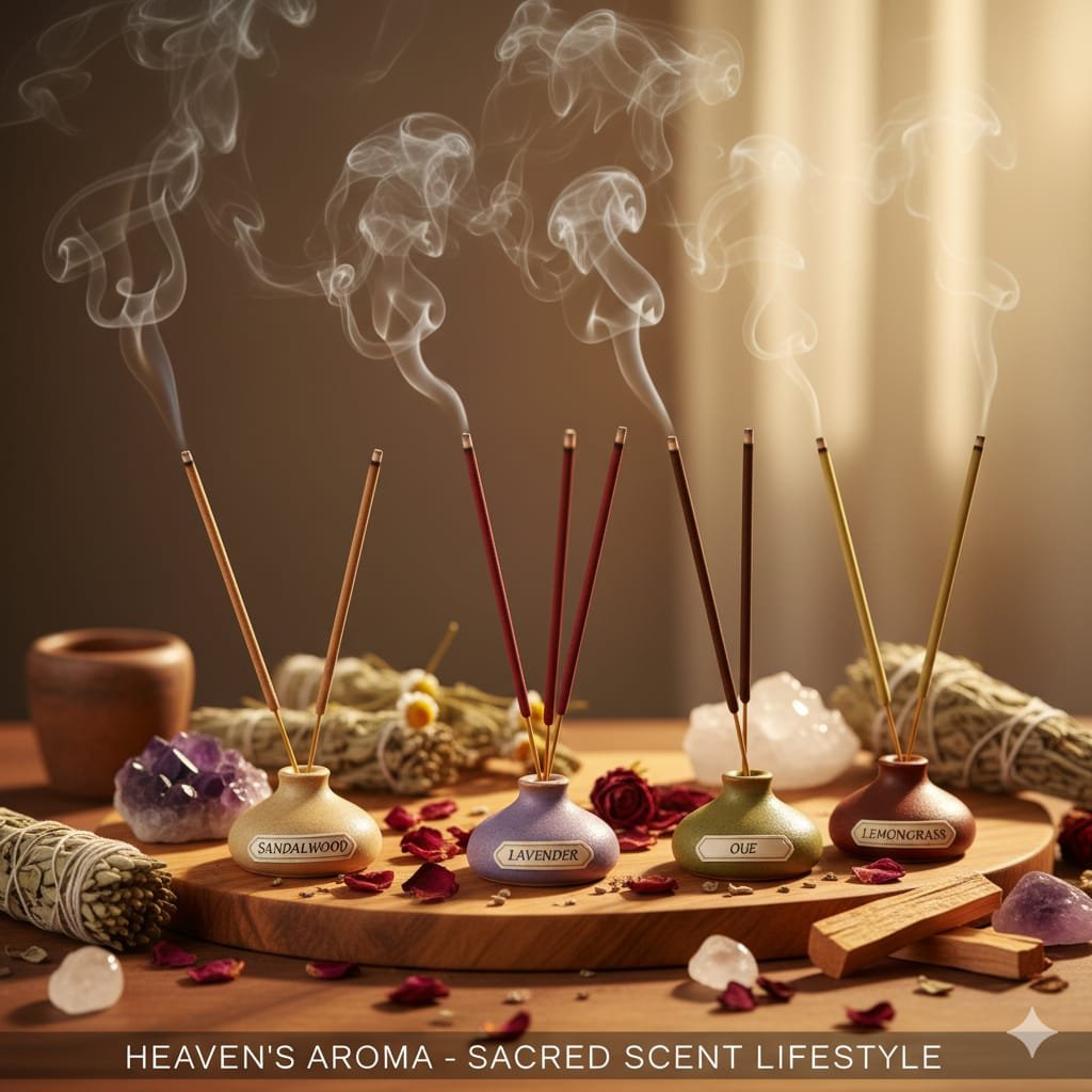 Five incense sticks representing fragrances that transform your mood—sandalwood, lavender, rose, oud, and lemongrass—burning in a serene setup.