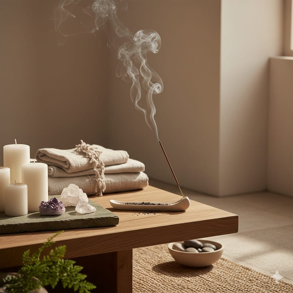 Hand-rolled incense stick burning in a ceramic holder with soft smoke rising in a minimalist wellness space.