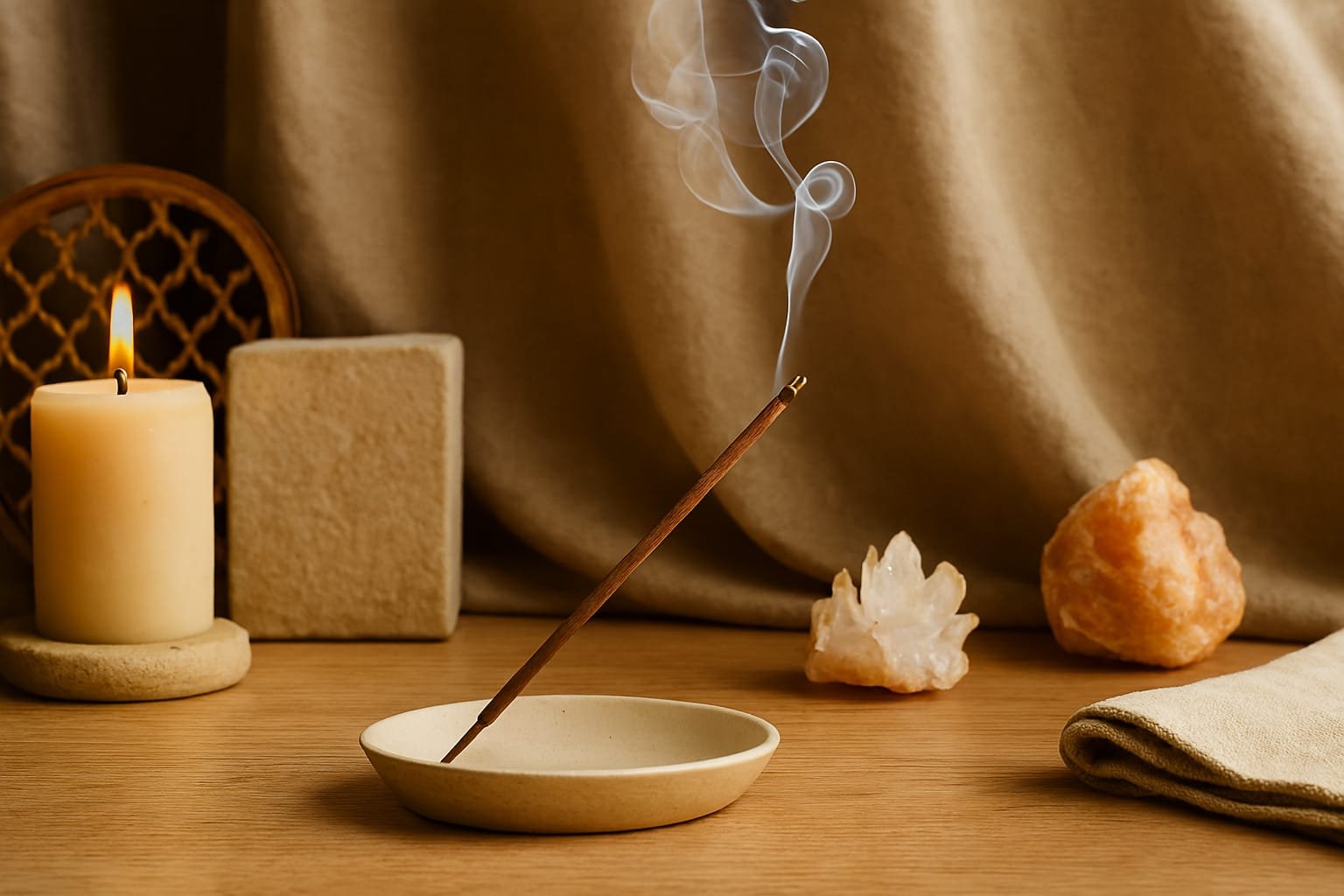 Luxury incense setup with crystals, candles, and eco-wrapped sticks in a serene interior.