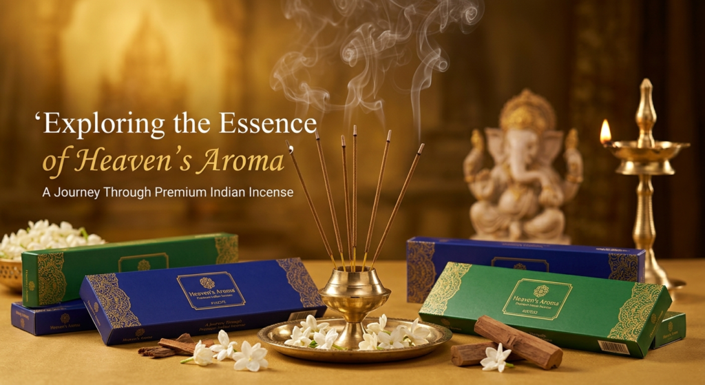 Exploring the Essence of Heaven’s Aroma – Premium Indian Incense with brass holder, smoke trails, and golden temple glow.