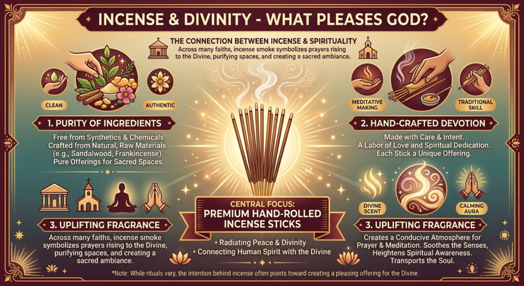 Infographic showing incense pleasing to God with Premium Hand‑Rolled Incense Sticks