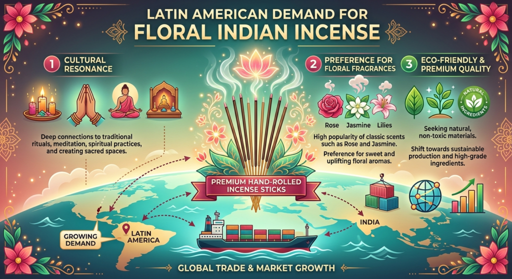 Infographic showing Latin American demand for floral Indian incense with Premium Hand‑Rolled Incense Sticks