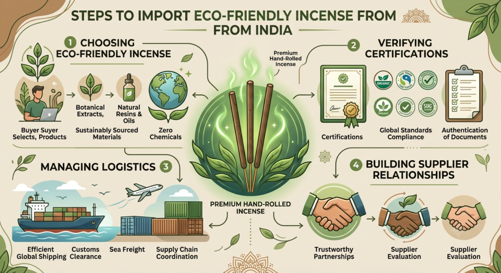Infographic showing buyer’s guide to importing eco‑friendly Premium Hand‑Rolled Incense Sticks from India