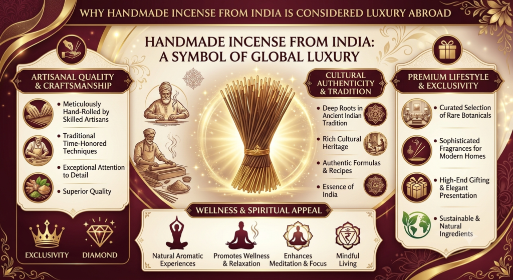 Infographic showing why handmade incense from India is considered luxury abroad with Premium Hand‑Rolled Incense Sticks