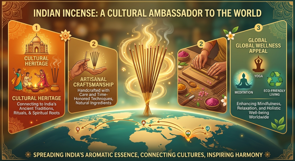 Infographic showing Indian incense as a cultural ambassador for global buyers with Premium Hand‑Rolled Incense Sticks
