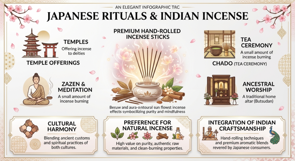 Infographic showing how Japanese buyers integrate Indian incense in rituals with Premium Hand‑Rolled Incense Sticks