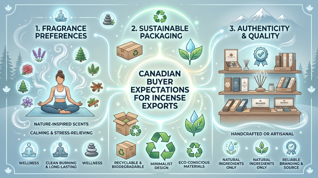 Infographic showing Canadian buyer expectations for incense export with Incense Export to Canada