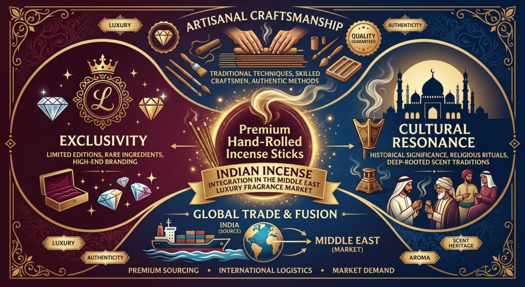 Infographic showing importing incense for Middle East luxury fragrance market with Premium Hand‑Rolled Incense Sticks