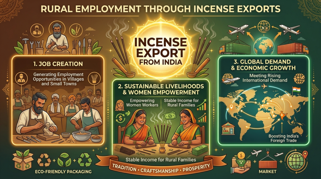 Infographic showing agarbatti export process from rural production to global markets, highlighting rural employment and women workers in India