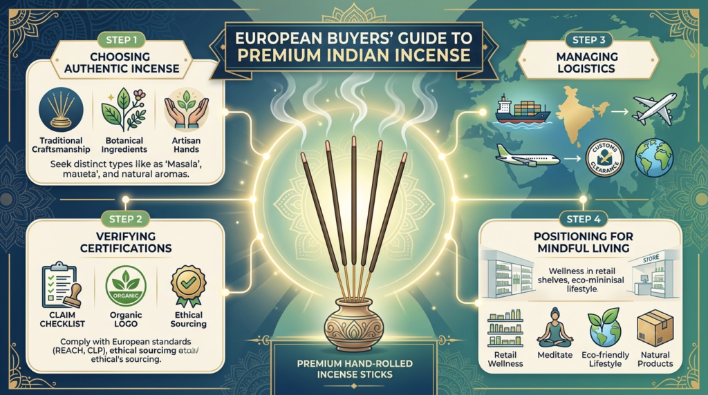 Infographic showing European buyers’ guide to sourcing premium incense from India with Premium Hand‑Rolled Incense Sticks