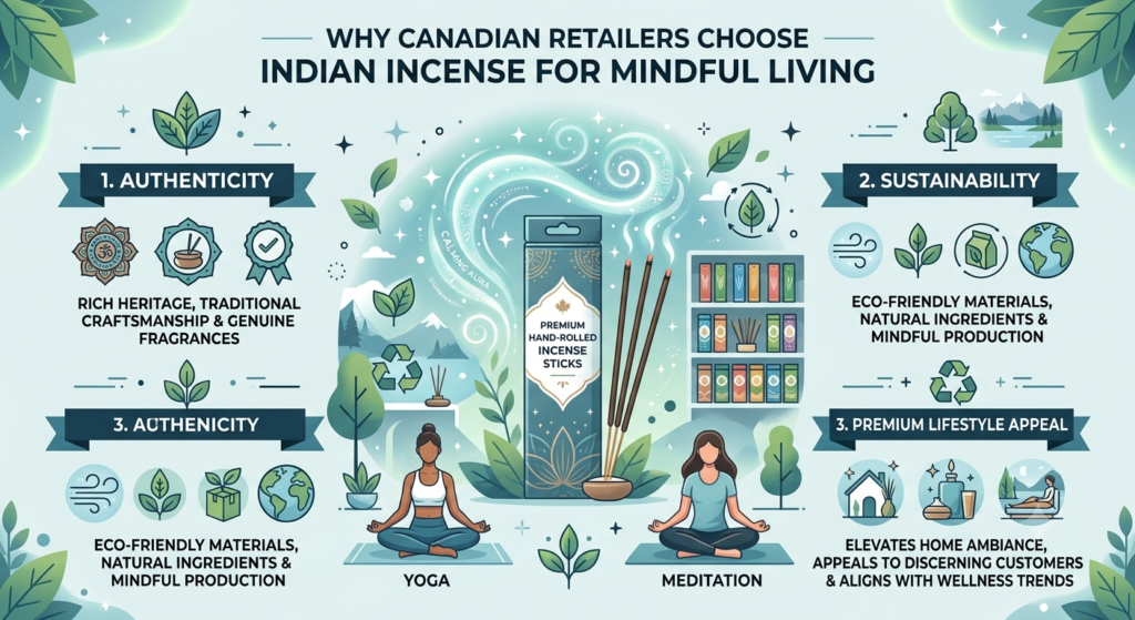 Infographic showing Canadian retailers choosing Indian incense for mindful living with Premium Hand‑Rolled Incense Sticks