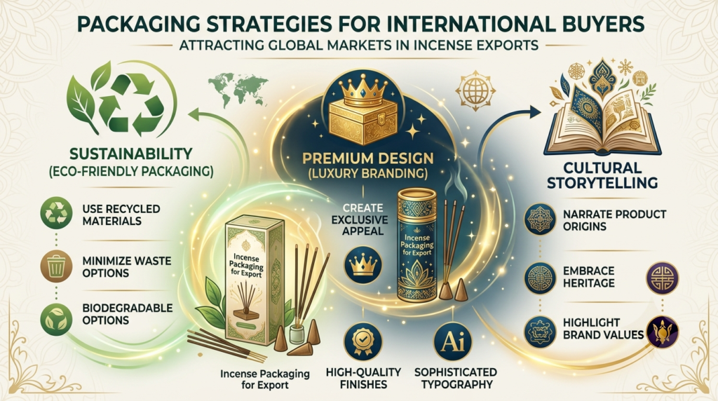 nfographic showing packaging strategies that attract international buyers with Incense Packaging for Export